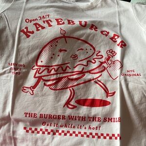 Kate ♠️ White T-Shirt with Red Burger Graphic - Size Large